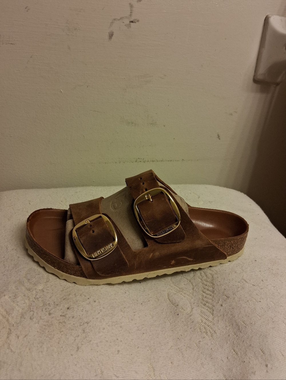 Unisex Double Gold Buckle Brown Leather Slide Sandals 39 250 L8 M6 German Made - Picture 8 of 16